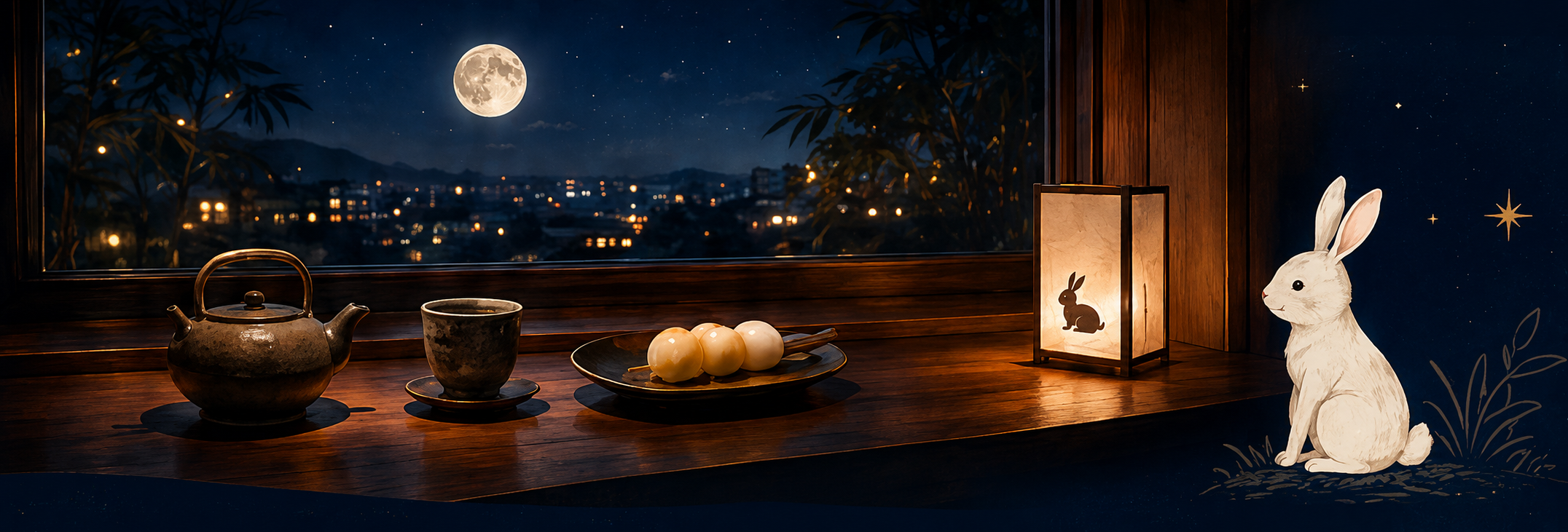 窓辺の特等席、月を眺めながら和菓子とお茶を楽しむ夜