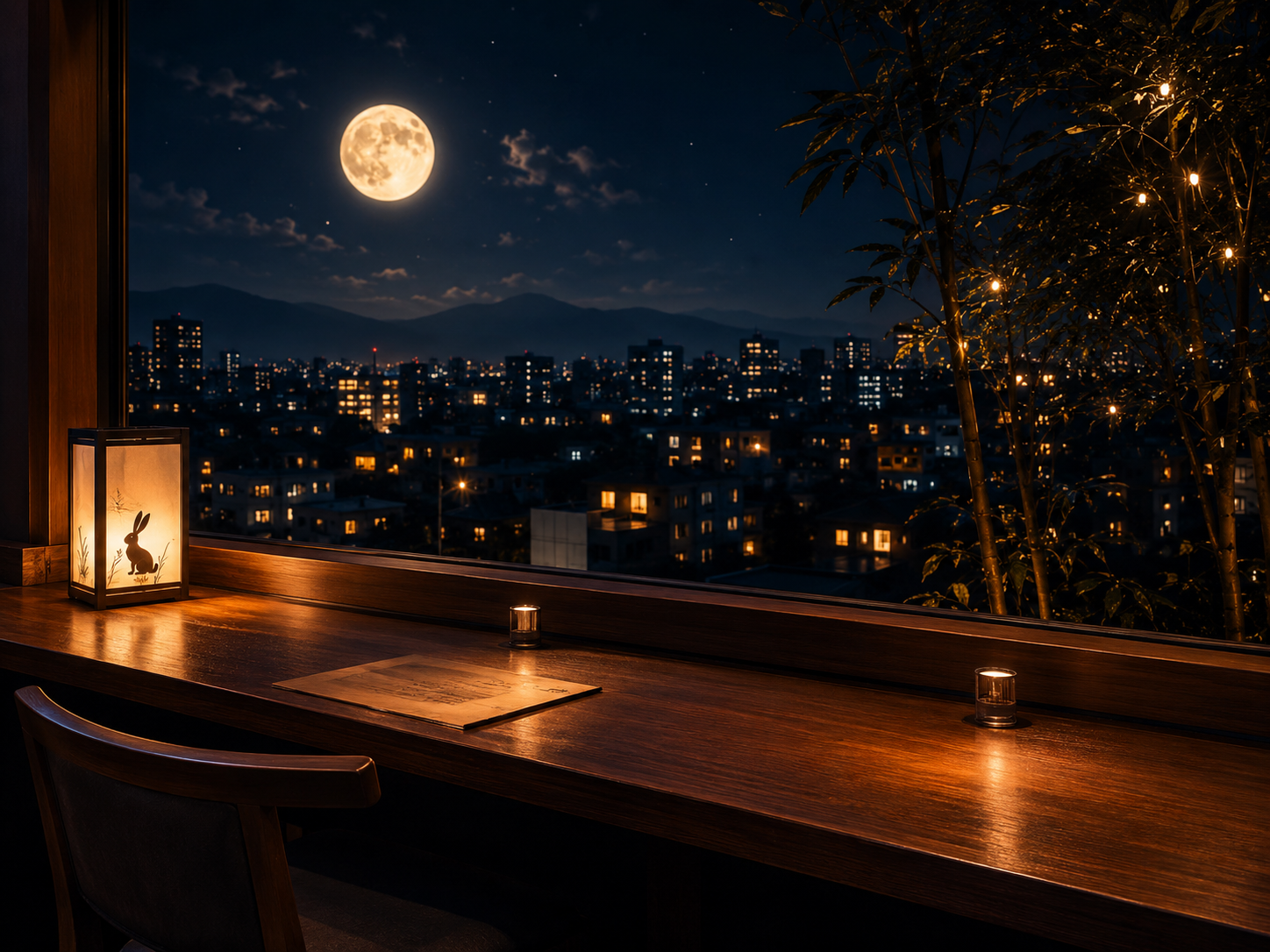 窓辺の月見席。正面に夜の月を望む特等席。